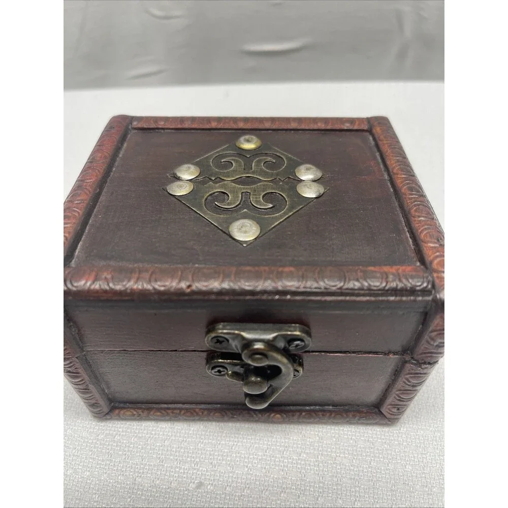 Handmade Chinese Wooden Jewelry Box Ornate Metal Fittings 4.5